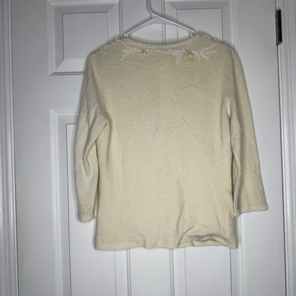 Ann Taylor Cream Button Down Cardigan Wool Cashmere Pearl Holiday Beaded Silk - Picture 5 of 6